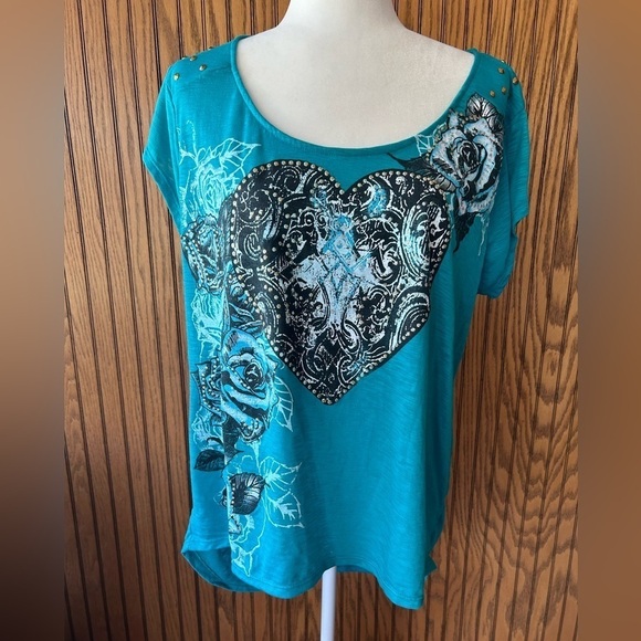 blue rose embellished short sleeve top size XXL - Picture 1 of 16